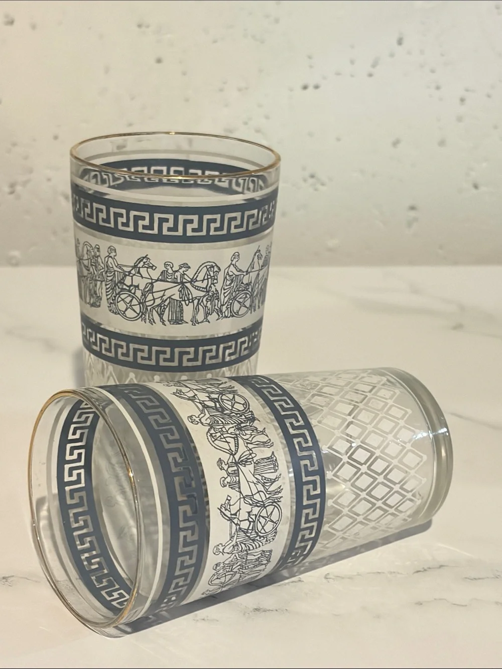 Vintage Greek Key & Figural Glass Tumblers - Blue and Gold Trim (Pair)